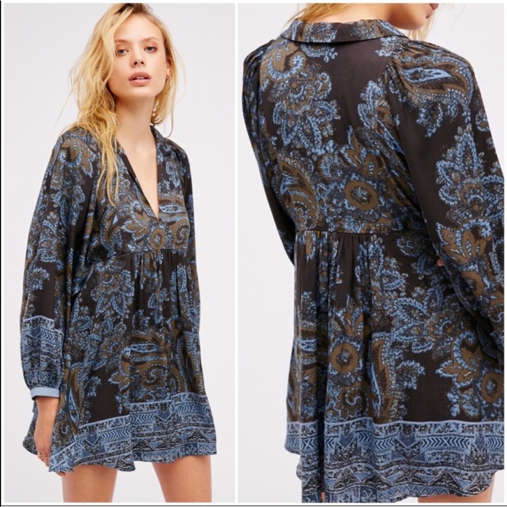NWT Free People blue & black paisley long sleeves floral dress ~ XS 💙🖤🤍